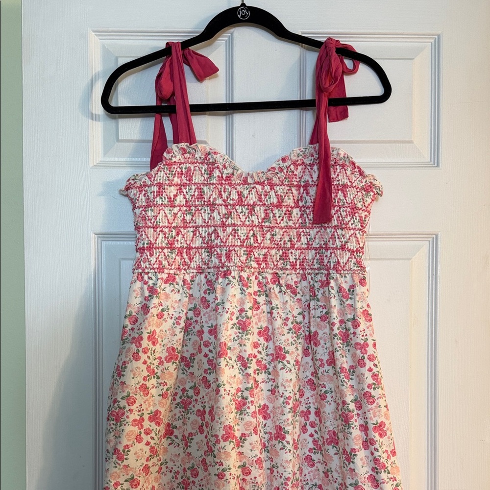 Altar’d State Pink Floral Sundress with Smocked Bodice and Tie Straps